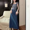 Kentsel Seksi Elbiseler Oceanlove Denim Kadınlar Elbise fırfırlı kontrast renk retro yaz tatlı bornoz kadın yüksek bel ultra ince seksi Kore Tank Top Z230713