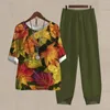 Conjunto de calças femininas de duas peças, blusa feminina de cinco mangas, estampada, cintura alta, terno solto, elegante, estampa floral, camiseta feminina, roupas vintage