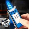 New Cigar Three-fire Direct Injection Turbo Lighter Metal Storm Windproof Flip The Lid Lighters Butane Torch High-end Men's Gift QZWA