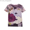 Women's T-Shirt S-3XL Summer Mesh T-shirt Women's Fashion Print Purple Flower T-shirt Women's O-Neck Short Sleeve Top Z230713