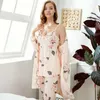 Damska bielizna nocna 3 sztuk seksowna koronkowa bielizna bawełniana piżama zestaw dla kobiet 2023 jesień koreański szaty z długim rękawem Homewear Pijama Mujer ubrania