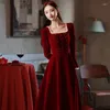 Vestidos de festa retrô de veludo noivado para mulheres 2023 miçangas gola quadrada manga longa vinho vestido de inverno