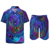 Chándales de hombre Groovy Hippy Print Conjuntos de hombre Conjunto de camisa informal líquida azul y púrpura Pantalones cortos de playa de moda Traje gráfico de verano de dos piezas