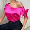 Women's Blouses EBAIHUI Shirt Short Sleeve Oblique Shoulder Blouse Polyester Loose Rose Red Tops Round Neck Pullover T-shirt