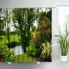 シャワーカーテン春の田舎風景シャワーカーテンセットピンクフラワーツリーフォレストナチュラルフローラルグリーン植物の景色のある浴室の装飾