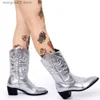 Stiefel Damen Cowboystiefel Silber Slip On Mittelkalb Stiefel Metallic Brand Design Emboidery Casual Cowgirls Herbst Winter Schuhe T230712