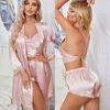 Ropa de dormir para mujer sexy encaje rosa 3pcs juego de pijamas primavera de verano mujeres kimono bata de baño vestidos de satén suelto satén