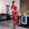 エスニック服赤中国の花嫁のウェディングドレスガウン大サイズ 3XL サテンチャイナプリント花袍伝統的なマンダリン Collar244F