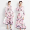 Casual Dresses V-ring Maxi Floral Dress Robes 2023 Women Designer Long Sleeve Slim Empire Midje Boho Big Swing för Holiday Ballgown