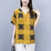 T-shirts femme élégant Plaid surdimensionné T-shirt femmes coton lin T-shirt grande taille Vintage ample à manches courtes haut dames grands hauts