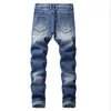 Jeans för män Broderade Retro Ripped Smal Skinny Distressed Vintage jeansbyxor Casual hög midja män