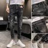Мужские джинсы Slim растягиваются случайные сшивающие сшивание корейская мода с прямой эластичной джинсовой брюки