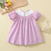 Girl's Dresses Summer New Girls Purple Plaid Dress Cartoon Smocked Embroidery Princess Dress Frocks For Birthday Party Children Outfit 1-5 YearHKD230712