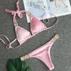 Women's Swimwear Crystal Bikini Set Bandage Velvet Pink Swimwear Swimsuit Bathing Suit Women Sexy Thong Bikini Gold Crystal Stone Beach Wear 230711