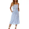 Casual Dresses Summer Women Dress Linen Spaghetti Strap Bohemian Stripe Sea Beach Fresh Button Party A-Line Sundress Sleeveless