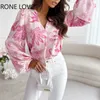 Blouses pour femmes chemises femmes Chic partout imprimé col en V profond manches longues lanterne décontracté travail Blouses hauts L230712