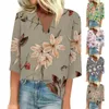 T-shirty damskie moda damska kwiatowy Print 3/4 rękaw V Neck topy koszula bluzka dorywczo luźna damska t-shirty w dużych rozmiarach Tee