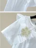 Camiseta Feminina XFPV Feminina Contas de Unhas de Flores com Babado Decote Redondo Solta Manga Curta Y2k T-shirt Top Class Feminina Doce Meninas Coreanas Verão SM2992 230711
