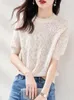 Blusas Femininas TuangBiang Summer Crochet Flowers Hollow Out Cotton Pullover 2023 Renda Babados Gola Mangas Curtas Malha T-shirt Feminina Fina