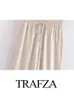 Women's Pants TRAFZA Summer Wide Leg Woman's Trendy Solid Color Elastic Waist Pleated Lace-Up Drawstring Female Casual Loose Long