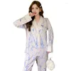 Roupa de dormir feminina 2023 primavera e outono pijama de seda artificial estampado tulipa calças de manga comprida cardigã homewear verde fruta cor