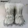 Stiefel Winter Fuzzy Boots 2023 Damen Kunstpelzstiefel Damen Warme pelzige Schuhe Flauschiges Fell Schneestiefel Plüschfutter Wohnungen Outdoor-Schuhe T230712