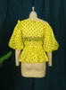 Women's Blouses Shirts Plus Size Tops Blouse 3XL 4XL Off Shoulder Yellow Black Polka Dot Short Puff Sleeves High Elastick See Through Shirts for Women L230712