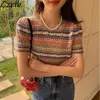 T-shirt femme T-shirt tricoté Top femme Stripe Casual Y2k Ulzzang Mode Littérature Unique Étudiant Été Confortable Rétro Creux Fit 230711