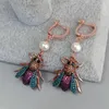 Dangle Earrings KKGEM 23x23mm Rose Gold Plated Cubic Zirconia Pave Insect White Freshwater Pearl Lever Back