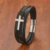 Nueva pulsera de cuero con cruz de acero inoxidable negro para hombre Retro con cierre magnético regalo de joyería de moda envío gratis L230704