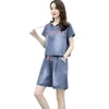 Damen Trainingsanzüge 2023 Sommer Mode Denim Anzug Frauen Kapuzen Kurzarm Jacke Shorts Casual Zweiteilige Anzüge Plus Size Sets