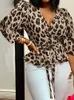 Koszule bluzki damskiej Celmia Women Elegancka bluzka 2023 Summer Sexy V-Neck Leopard Print Tunik Koszulka Belted Office Top Ruffles Blusas Femininas L230712