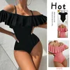 Women's Swimwear 2023 Women Sexy Ruffled Edge Shoulders Solid Color High Waist Bathing Suit Beachwear Biquini Conservative Swimsuit