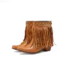 Boots Aosphiraylian Western Denim Fringe Ruffled Women's Boots 2023 Slip on Square Talons Denim Girl Riding Vintage Women's Ankle Shoes L230712