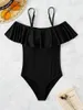 Women's Swimwear 2023 Women Sexy Ruffled Edge Shoulders Solid Color High Waist Bathing Suit Beachwear Biquini Conservative Swimsuit