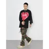 Men's Pants American High Street Splashed Ink Army Green Camouflage Overalls Fashion Brand Casual Micro Flared