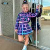 Trikots Qunq 2023 Sommer Mädchen Drehen Unten Kragen Plaid Lange Ärmelloses Top Falten Rock 2 Teile Set Casual Kinder Kleidung alter 3 T 8T 230711