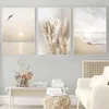 AT14 3PCS BEIGESE GRASS Sunset Beach The Palm Teals Canvas Painting Nordic Posters and Prints Настенные картинки для декора гостиной L230704