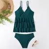 Women's Swimwear Solid Color Swimsuit Set Women Suspender Ruffle Skirt Top Thong Sexy Plus Size Girl Ladies Panties Conservative Dress