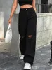 女性のジーンズ 2023 秋ハイウエストストレートリッピング女性ブルーデニムパンツファッションストリートワイドレッグバギーパンツカジュアル