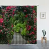 Shower Curtains Spring Rural Landscape Shower Curtains Set Pink Flowers Tree Forest Natural Floral Green Plant Scenery With Bathroom Decor