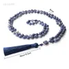 Hänge halsband buddhist 108 mala pärlor halsband 8mm blå jade sten handgjorda knutna meditation yoga välsignelse radband halsband bön smycken hkd230712