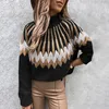 2023 Autumn Winter New European American Women's Sweaters Printed High Neck Long Sleeve Loose Relaxed Knitted Pullover Cardigan