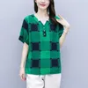 Camisetas femininas elegantes xadrez superdimensionadas camiseta feminina de linho de algodão plus size vintage solta manga curta blusas femininas grandes