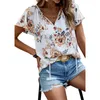 Blusas Femininas de Verão Elegante Blusa Decote em V Floral com Babados Ajuste Solto Manga Curta Camisas Casuais Escritório Bonito Trabalho