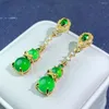 Pendientes colgantes Jade verde natural con circón Esmeralda Myanmar Jadeite Gourd Drop Earring para mujer Accesorios de joyería fina