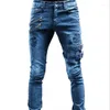 Jeans masculinos plus size homem reto calças outono moto motociclista namorado streetwear magro zips 3 cores cacual longo denim calças