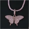 Pendant Necklaces Pink Zircon Butterfly Necklace Hip Hop Bling For Men Women Real Gold/Platinum Plated Lovers Gift Drop Delivery Jew Dh4Hz