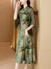 Abiti casual da donna abito a maniche lunghe in maglia patchwork di seta floreale verde estate elegante da sera 2023 abiti di lusso vintage