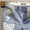 Herr jeans sommarljusblå rippad katt whisker lapp bokstaven tryck smal denim shorts tonåringar pojkar och flickor cowboy korta byxor 230711